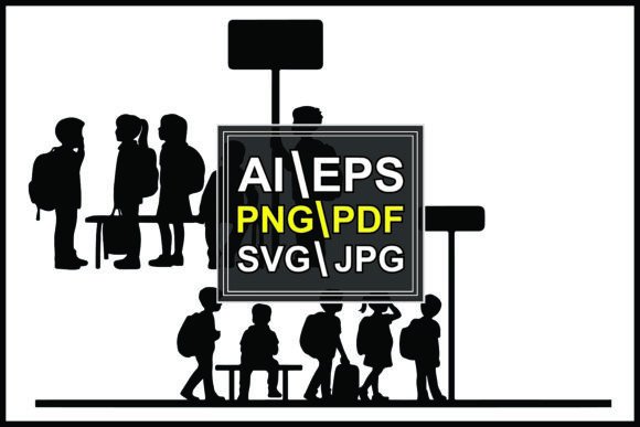 Silhouettes Children Waiting at Bus Stop: A Versatile Design Asset