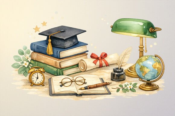 Watercolor Academic Desk Graduation PNG: A Versatile Design for Celebrating Educational Milestones